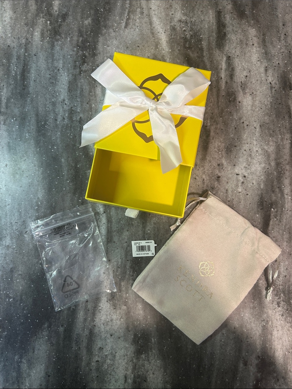 Kendra Scott Yellow Gift Box with White Satin Bow and Beige Branded Pouch